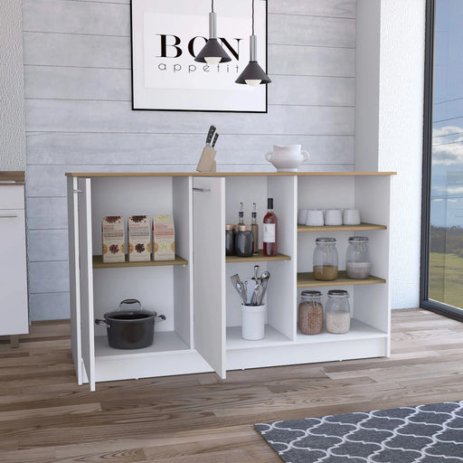Kitchen Island Two Cabinets, Three Open Shelves, White / Natural Oak Default -DTYStore