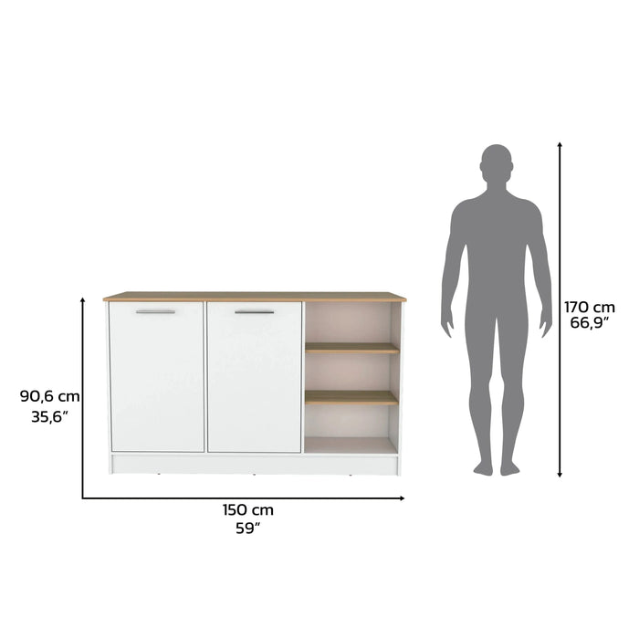 Kitchen Island Two Cabinets, Three Open Shelves, White / Natural Oak Default -DTYStore