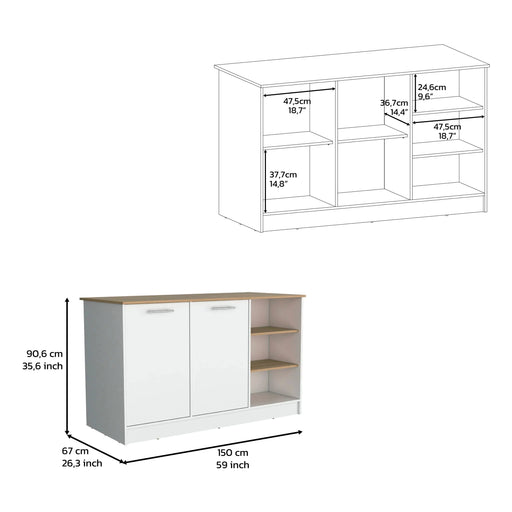 Kitchen Island Two Cabinets, Three Open Shelves, White / Natural Oak Default -DTYStore
