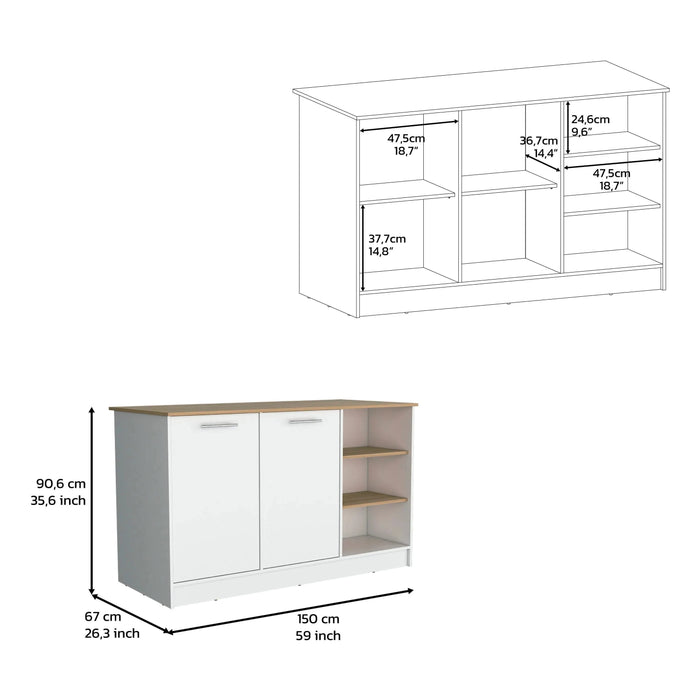 Kitchen Island Two Cabinets, Three Open Shelves, White / Natural Oak Default -DTYStore