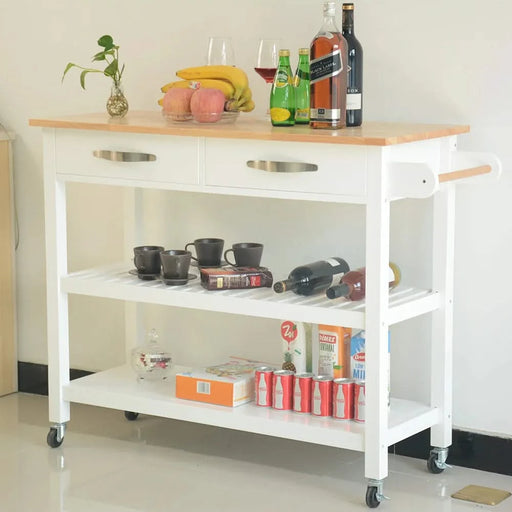 Kitchen Island & Kitchen Cart, Rubber Wood Top, Mobile Kitchen Island with Two Lockable Wheels, Simple Design for Easy Storing and Fetching, Two Drawers Give Unique Storage for Special Utensil. Default -DTYStore