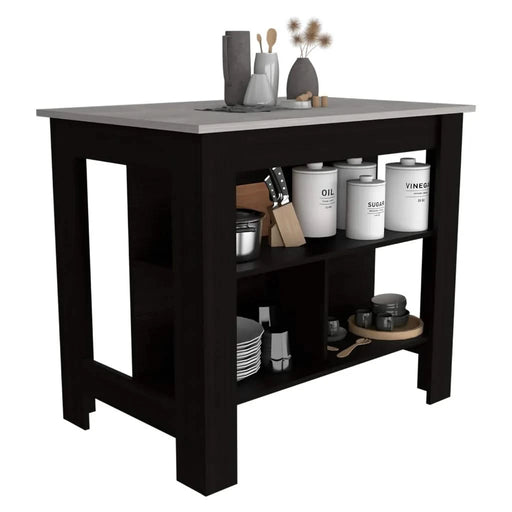 Kitchen Island, kitchen table 35' H, Four Legs, Three Open Storage Shelves, Black / Ibiza Marble Default -DTYStore