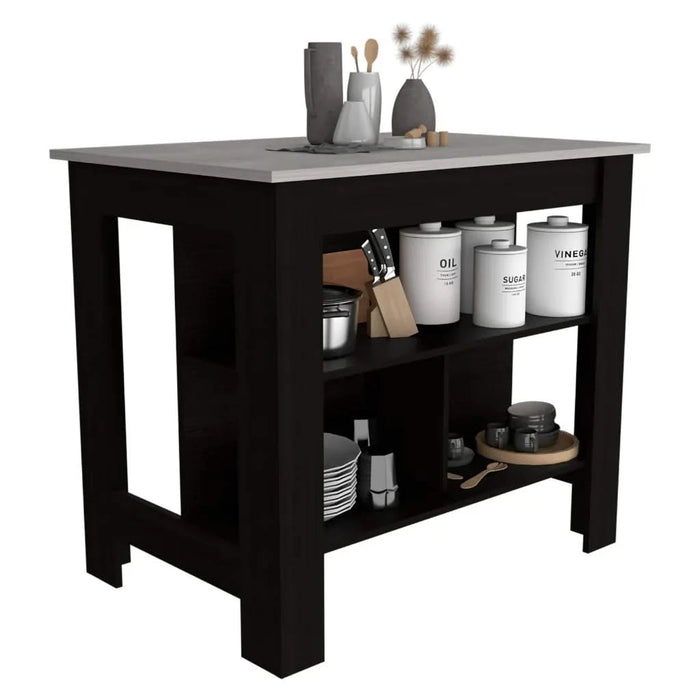 Kitchen Island, kitchen table 35' H, Four Legs, Three Open Storage Shelves, Black / Ibiza Marble Default -DTYStore