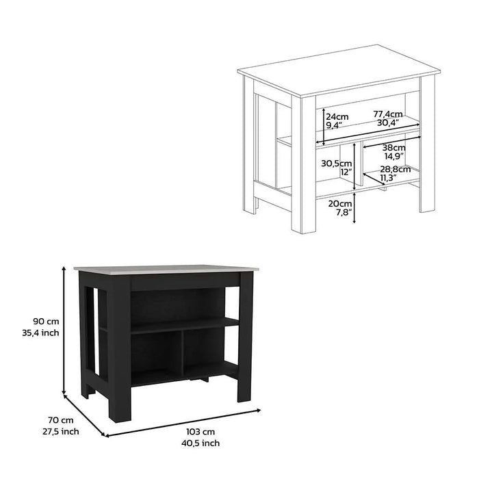 Kitchen Island, kitchen table 35' H, Four Legs, Three Open Storage Shelves, Black / Ibiza Marble Default -DTYStore