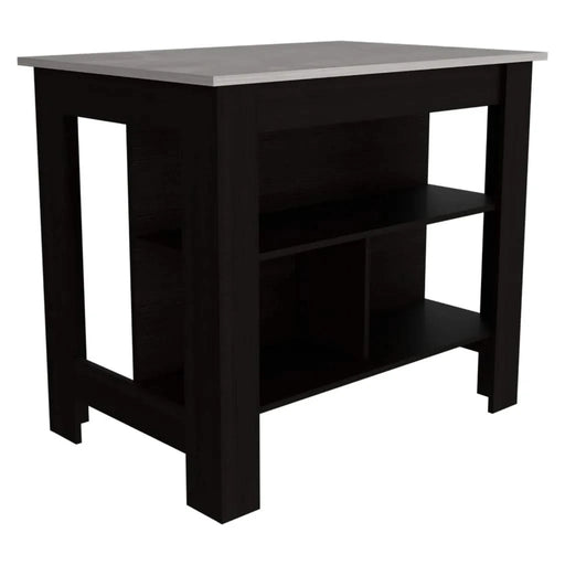 Kitchen Island, kitchen table 35' H, Four Legs, Three Open Storage Shelves, Black / Ibiza Marble Default -DTYStore