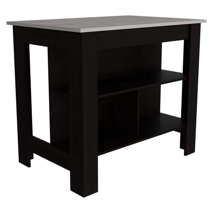 Kitchen Island, kitchen table 35' H, Four Legs, Three Open Storage Shelves, Black / Ibiza Marble Default -DTYStore