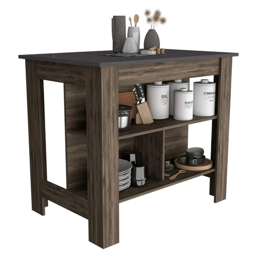 Kitchen Island, kitchen table 35' H, Four Legs, Three Open Storage Shelves, Dark Brown / Onix Default -DTYStore