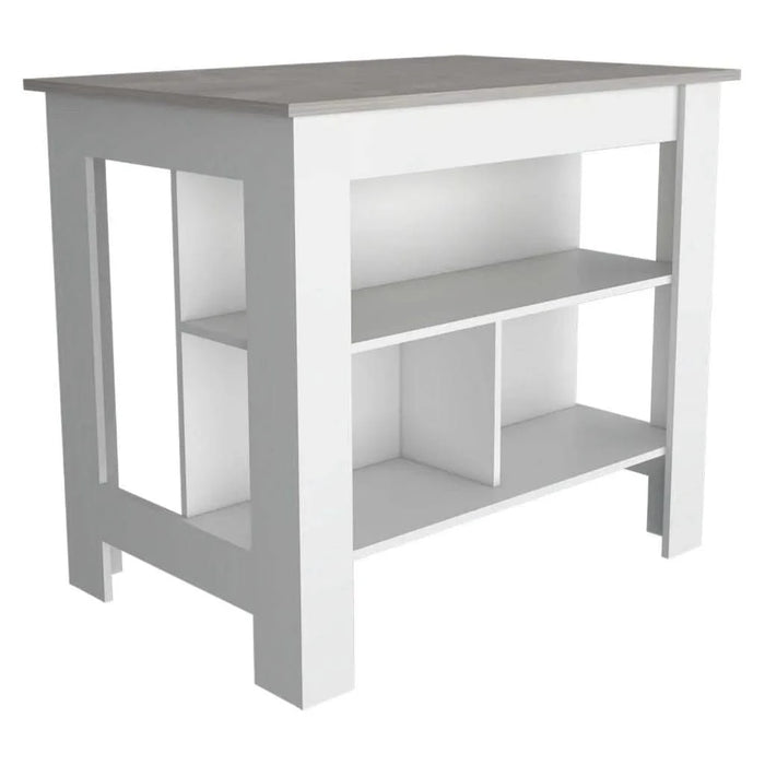 Kitchen Island, kitchen table 35' H, Four Legs, Three Open Storage Shelves, White / Ibiza Marble Default -DTYStore