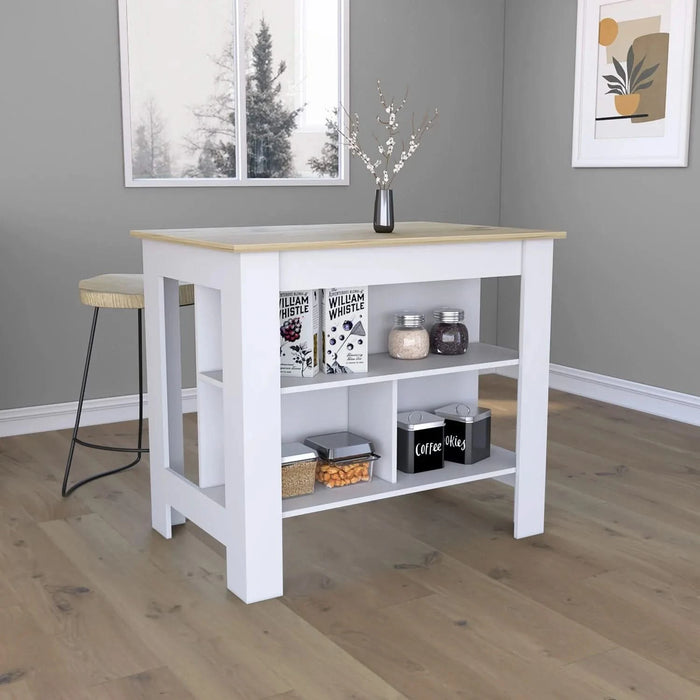 Kitchen Island, kitchen table 35' H, Four Legs, Three Open Storage Shelves, White / Light Oak Default -DTYStore