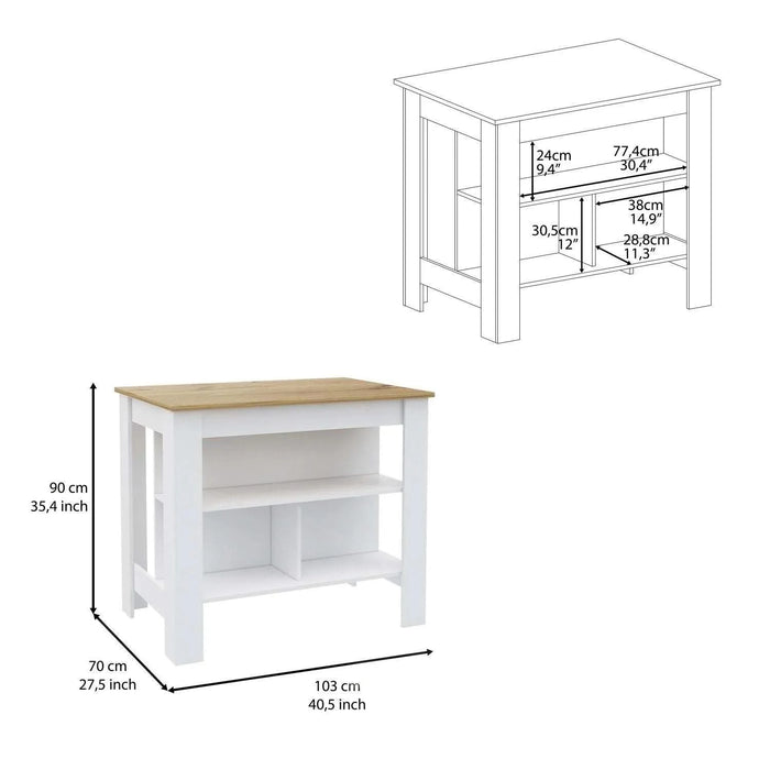 Kitchen Island, kitchen table 35' H, Four Legs, Three Open Storage Shelves, White / Light Oak Default -DTYStore