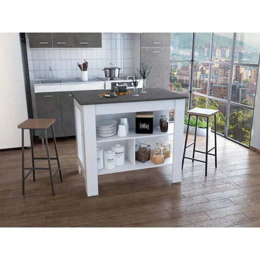 Kitchen Island, kitchen table 35' H, Four Legs, Three Open Storage Shelves, White / Onix Default -DTYStore