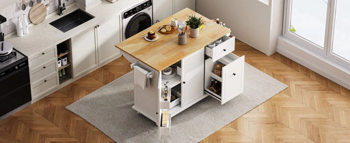 Kitchen Island with Drop Leaf, 53.9' Width Rolling Kitchen Cart on Wheels with Internal Storage Rack and 3 Tier Pull Out Cabinet Organizer, Kitchen Storage Cart with Spice Rack, Towel Rack (White) Default -DTYStore