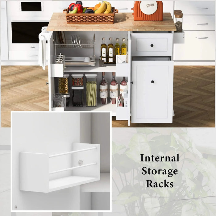 Kitchen Island with Drop Leaf, 53.9' Width Rolling Kitchen Cart on Wheels with Internal Storage Rack and 3 Tier Pull Out Cabinet Organizer, Kitchen Storage Cart with Spice Rack, Towel Rack (White) Default -DTYStore