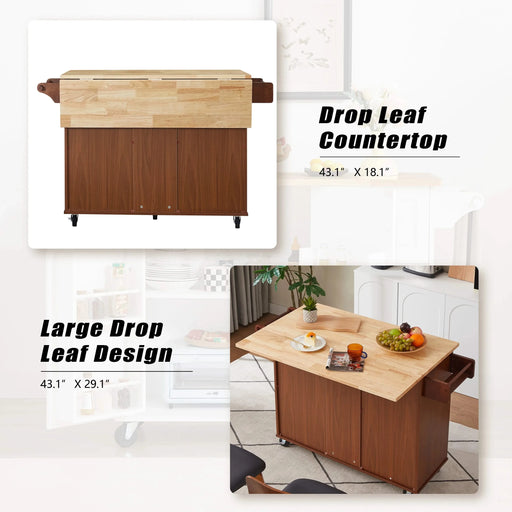 Kitchen Island with Drop Leaf Countertop, Rolling Kitchen Island Cart , Barn Door Kitchen Island Table with Storage Cabinet and Tower Rack, Island Table On Wheels for Kitchen, Retro Brown Default -DTYStore