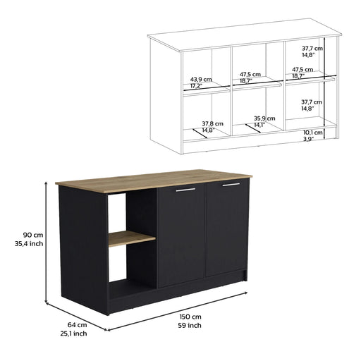 Kitchen Island with Large Countertop, Open Storage Shelves and Double Door Cabinet, Black / Macadamia Default -DTYStore