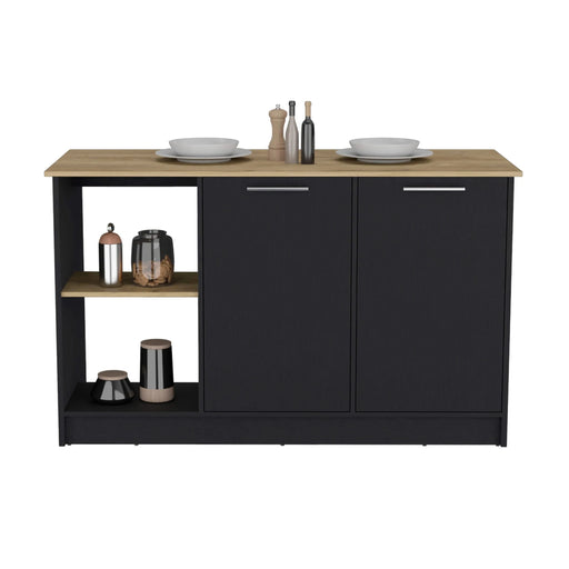 Kitchen Island with Large Countertop, Open Storage Shelves and Double Door Cabinet, Black / Macadamia Default -DTYStore