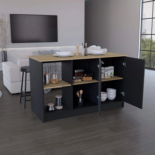 Kitchen Island with Large Countertop, Open Storage Shelves and Double Door Cabinet, Black / Macadamia Default -DTYStore