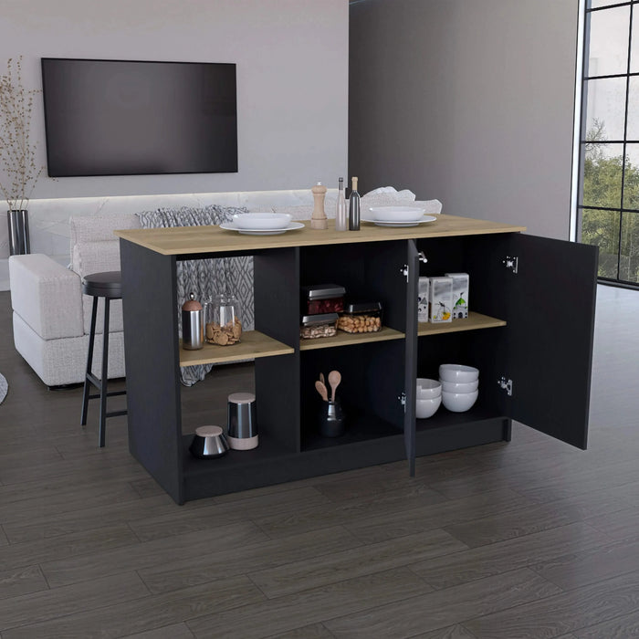 Kitchen Island with Large Countertop, Open Storage Shelves and Double Door Cabinet, Black / Macadamia Default -DTYStore