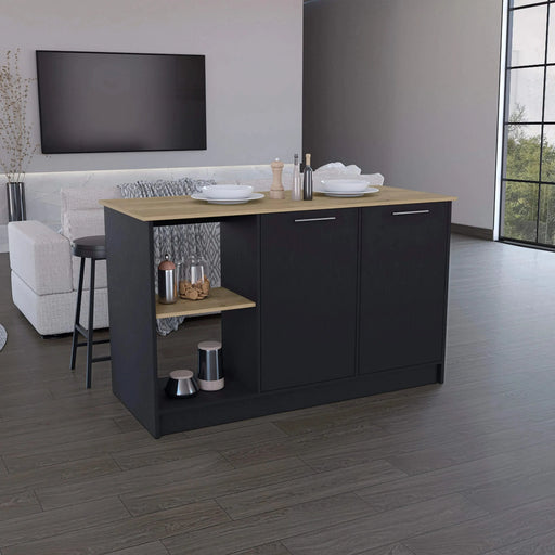 Kitchen Island with Large Countertop, Open Storage Shelves and Double Door Cabinet, Black / Macadamia Default -DTYStore