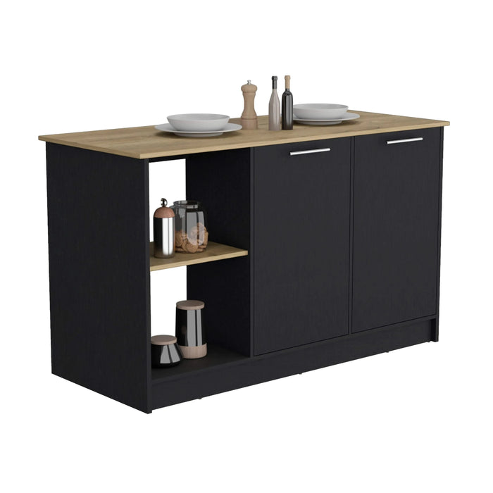 Kitchen Island with Large Countertop, Open Storage Shelves and Double Door Cabinet, Black / Macadamia Default -DTYStore
