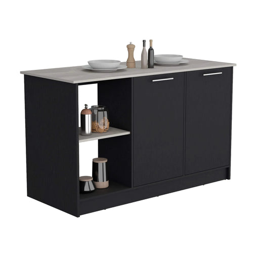Kitchen Island with Large Countertop, Open Storage Shelves and Double Door Cabinet, Black / Onyx Default -DTYStore