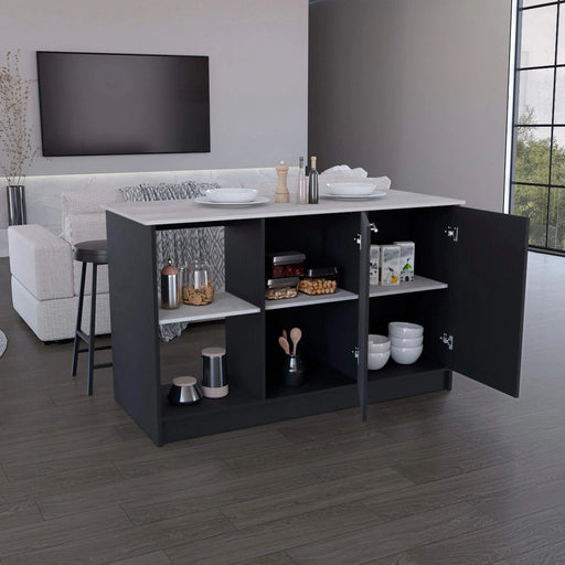 Kitchen Island with Large Countertop, Open Storage Shelves and Double Door Cabinet, Black / Onyx Default -DTYStore
