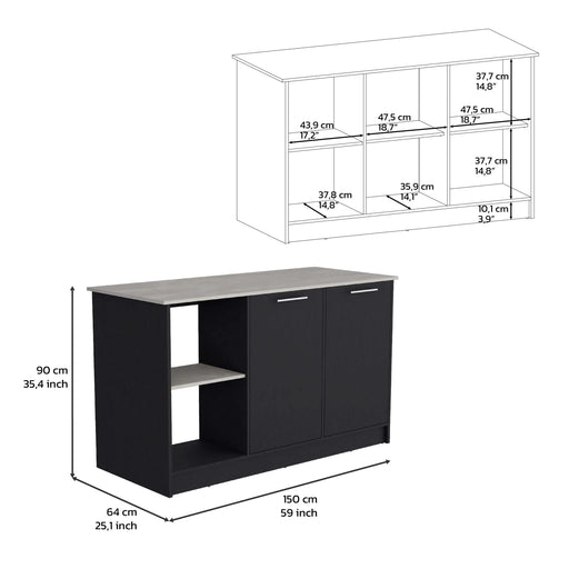 Kitchen Island with Large Countertop, Open Storage Shelves and Double Door Cabinet, Black / Onyx Default -DTYStore