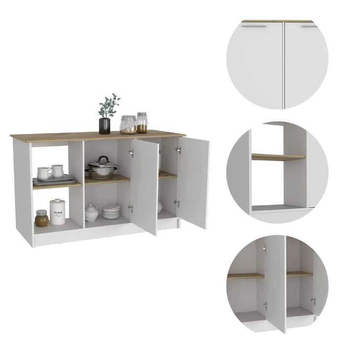 Kitchen Island with Large Countertop, Open Storage Shelves and Double Door Cabinet, White / Light Oak Default -DTYStore