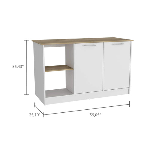 Kitchen Island with Large Countertop, Open Storage Shelves and Double Door Cabinet, White / Light Oak Default -DTYStore