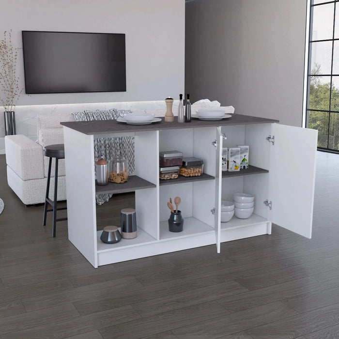 Kitchen Island with Large Countertop, Open Storage Shelves and Double Door Cabinet, White / Onyx Default -DTYStore