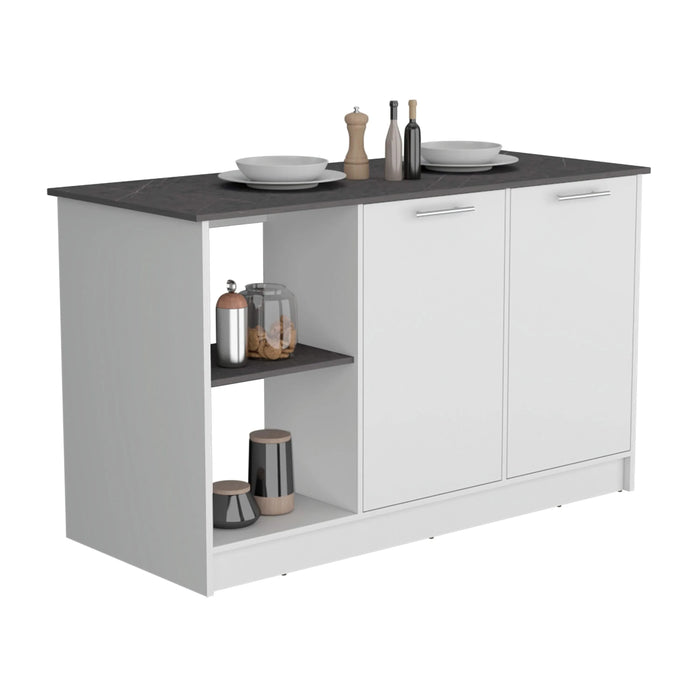 Kitchen Island with Large Countertop, Open Storage Shelves and Double Door Cabinet, White / Onyx Default -DTYStore