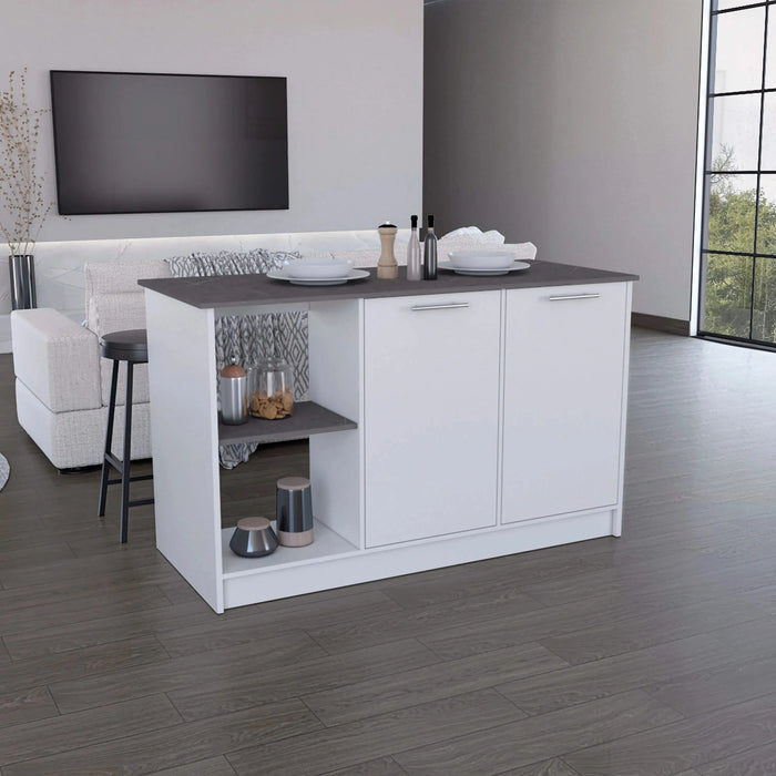 Kitchen Island with Large Countertop, Open Storage Shelves and Double Door Cabinet, White / Onyx Default -DTYStore