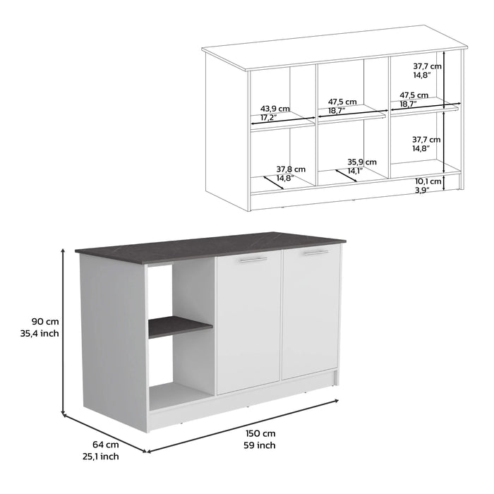 Kitchen Island with Large Countertop, Open Storage Shelves and Double Door Cabinet, White / Onyx Default -DTYStore