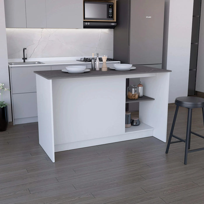 Kitchen Island with Large Countertop, Open Storage Shelves and Double Door Cabinet, White / Onyx Default -DTYStore