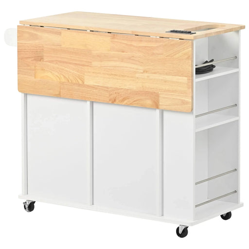 Kitchen Island with Power Outlet,Kitchen Storage Island with Drop Leaf and Rubber Wood,Open Storage and Wine Rack,5 Wheels,with Adjustable Storage for Home, Kitchen, and Dining Room,White Default -DTYStore