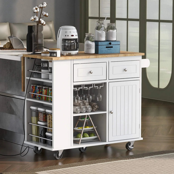 Kitchen Island with Power Outlet,Kitchen Storage Island with Drop Leaf and Rubber Wood,Open Storage and Wine Rack,5 Wheels,with Adjustable Storage for Home, Kitchen, and Dining Room,White Default -DTYStore