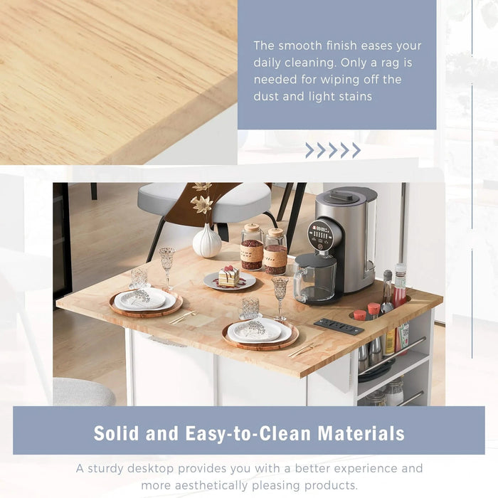 Kitchen Island with Power Outlet,Kitchen Storage Island with Drop Leaf and Rubber Wood,Open Storage and Wine Rack,5 Wheels,with Adjustable Storage for Home, Kitchen, and Dining Room,White Default -DTYStore