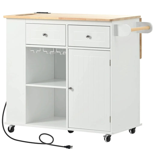 Kitchen Island with Power Outlet,Kitchen Storage Island with Drop Leaf and Rubber Wood,Open Storage and Wine Rack,5 Wheels,with Adjustable Storage for Home, Kitchen, and Dining Room,White Default -DTYStore