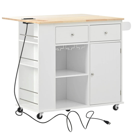 Kitchen Island with Power Outlet,Kitchen Storage Island with Drop Leaf and Rubber Wood,Open Storage and Wine Rack,5 Wheels,with Adjustable Storage for Home, Kitchen, and Dining Room,White Default -DTYStore