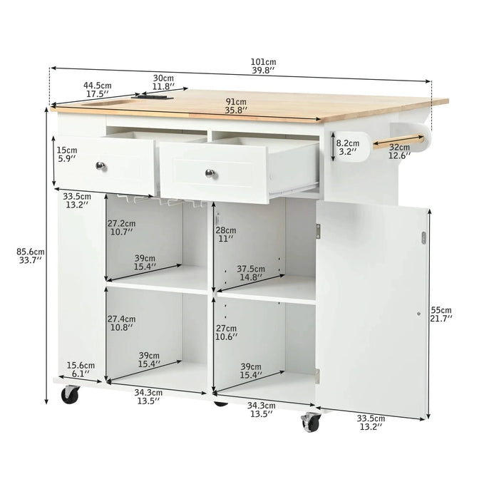 Kitchen Island with Power Outlet,Kitchen Storage Island with Drop Leaf and Rubber Wood,Open Storage and Wine Rack,5 Wheels,with Adjustable Storage for Home, Kitchen, and Dining Room,White Default -DTYStore
