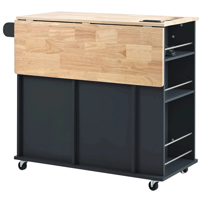 Kitchen Island with Power Outlet,Kitchen Storage Island with Drop Leaf and Rubber Wood,Open Storage and Wine Rack,5 Wheels,with Adjustable Storage for Home, Kitchen, and Dining Room, Black Default -DTYStore