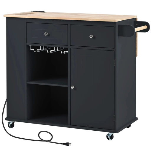 Kitchen Island with Power Outlet,Kitchen Storage Island with Drop Leaf and Rubber Wood,Open Storage and Wine Rack,5 Wheels,with Adjustable Storage for Home, Kitchen, and Dining Room, Black Default -DTYStore