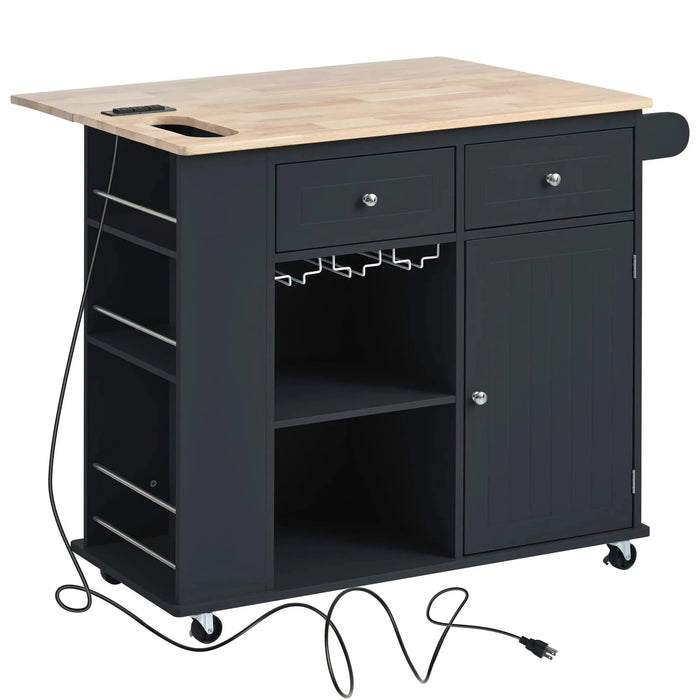 Kitchen Island with Power Outlet,Kitchen Storage Island with Drop Leaf and Rubber Wood,Open Storage and Wine Rack,5 Wheels,with Adjustable Storage for Home, Kitchen, and Dining Room, Black Default -DTYStore