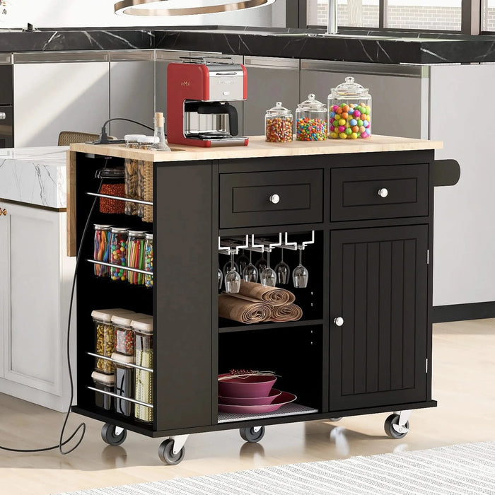 Kitchen Island with Power Outlet,Kitchen Storage Island with Drop Leaf and Rubber Wood,Open Storage and Wine Rack,5 Wheels,with Adjustable Storage for Home, Kitchen, and Dining Room, Black Default -DTYStore