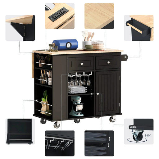 Kitchen Island with Power Outlet,Kitchen Storage Island with Drop Leaf and Rubber Wood,Open Storage and Wine Rack,5 Wheels,with Adjustable Storage for Home, Kitchen, and Dining Room, Black Default -DTYStore