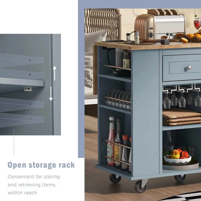 Kitchen Island with Power Outlet,Kitchen Storage Island with Drop Leaf and Rubber Wood,Open Storage and Wine Rack,5 Wheels,with Adjustable Storage for Home, Kitchen, and Dining Room, Grey Blue Default -DTYStore