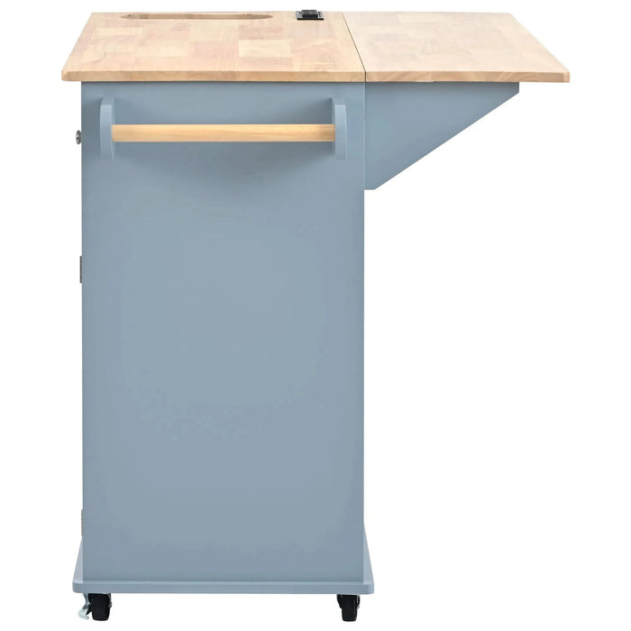 Kitchen Island with Power Outlet,Kitchen Storage Island with Drop Leaf and Rubber Wood,Open Storage and Wine Rack,5 Wheels,with Adjustable Storage for Home, Kitchen, and Dining Room, Grey Blue Default -DTYStore