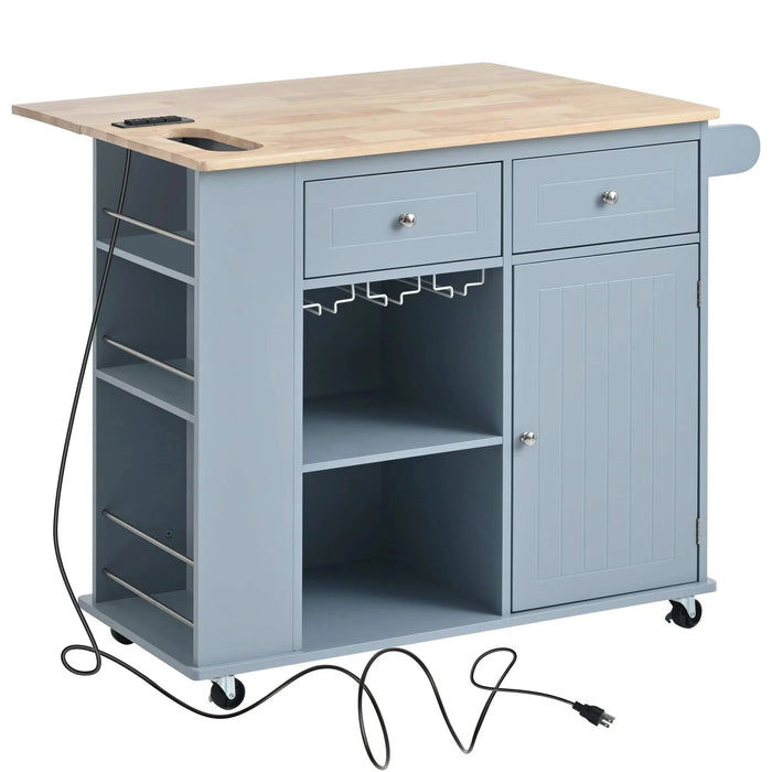 Kitchen Island with Power Outlet,Kitchen Storage Island with Drop Leaf and Rubber Wood,Open Storage and Wine Rack,5 Wheels,with Adjustable Storage for Home, Kitchen, and Dining Room, Grey Blue Default -DTYStore
