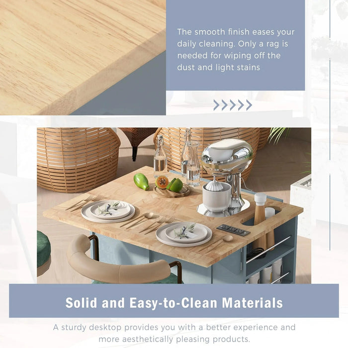 Kitchen Island with Power Outlet,Kitchen Storage Island with Drop Leaf and Rubber Wood,Open Storage and Wine Rack,5 Wheels,with Adjustable Storage for Home, Kitchen, and Dining Room, Grey Blue Default -DTYStore