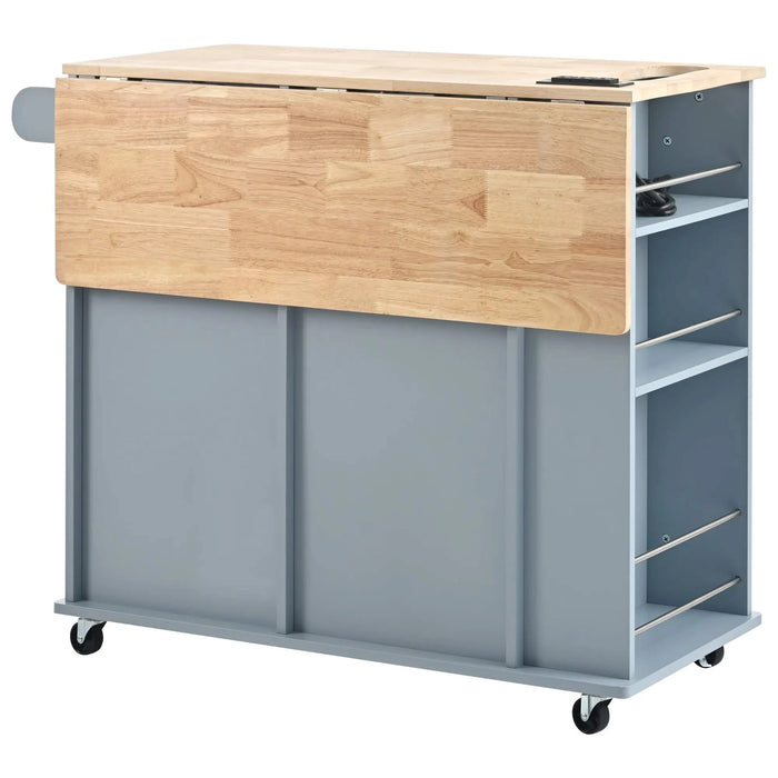 Kitchen Island with Power Outlet,Kitchen Storage Island with Drop Leaf and Rubber Wood,Open Storage and Wine Rack,5 Wheels,with Adjustable Storage for Home, Kitchen, and Dining Room, Grey Blue Default -DTYStore